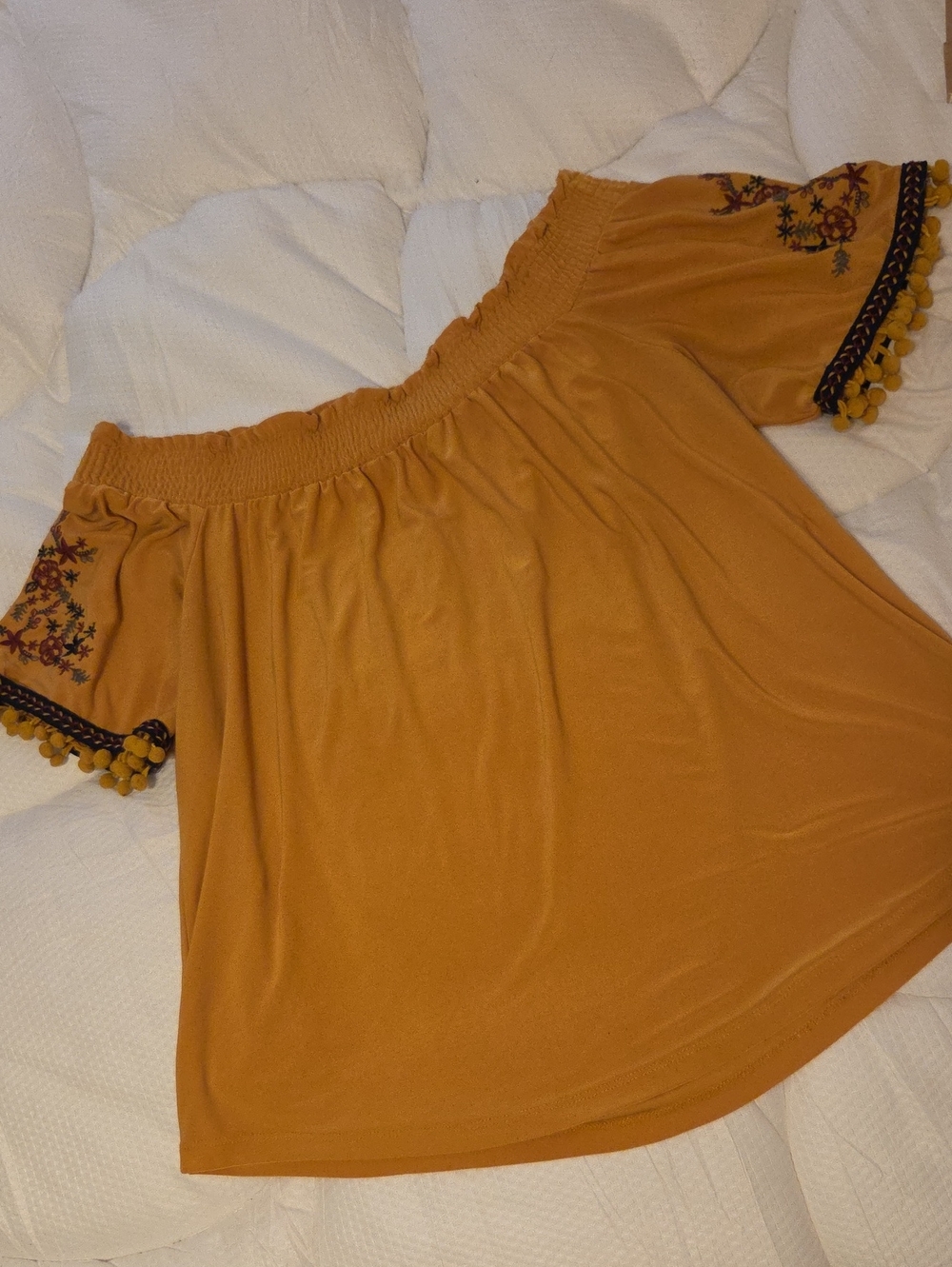 Embroidered Off-Shoulder Mustard Women's Tunic Top